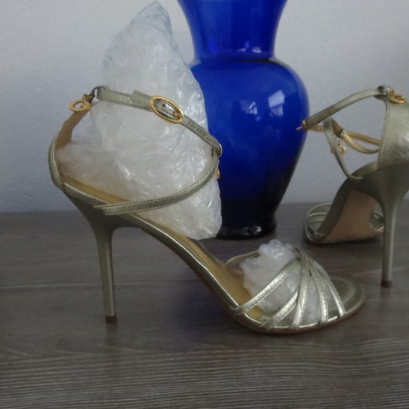 GUESS TINA Silver Reptile Strappy High Heel Sandals 8.5  Gold Charms - Picture 3 of 16